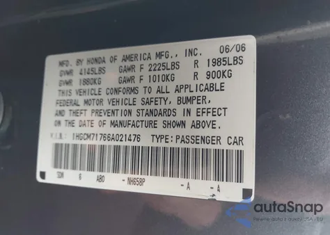 2006 Honda Accord 2.4 Ex from USA, damaged, VIN 1HGCM71766A021476